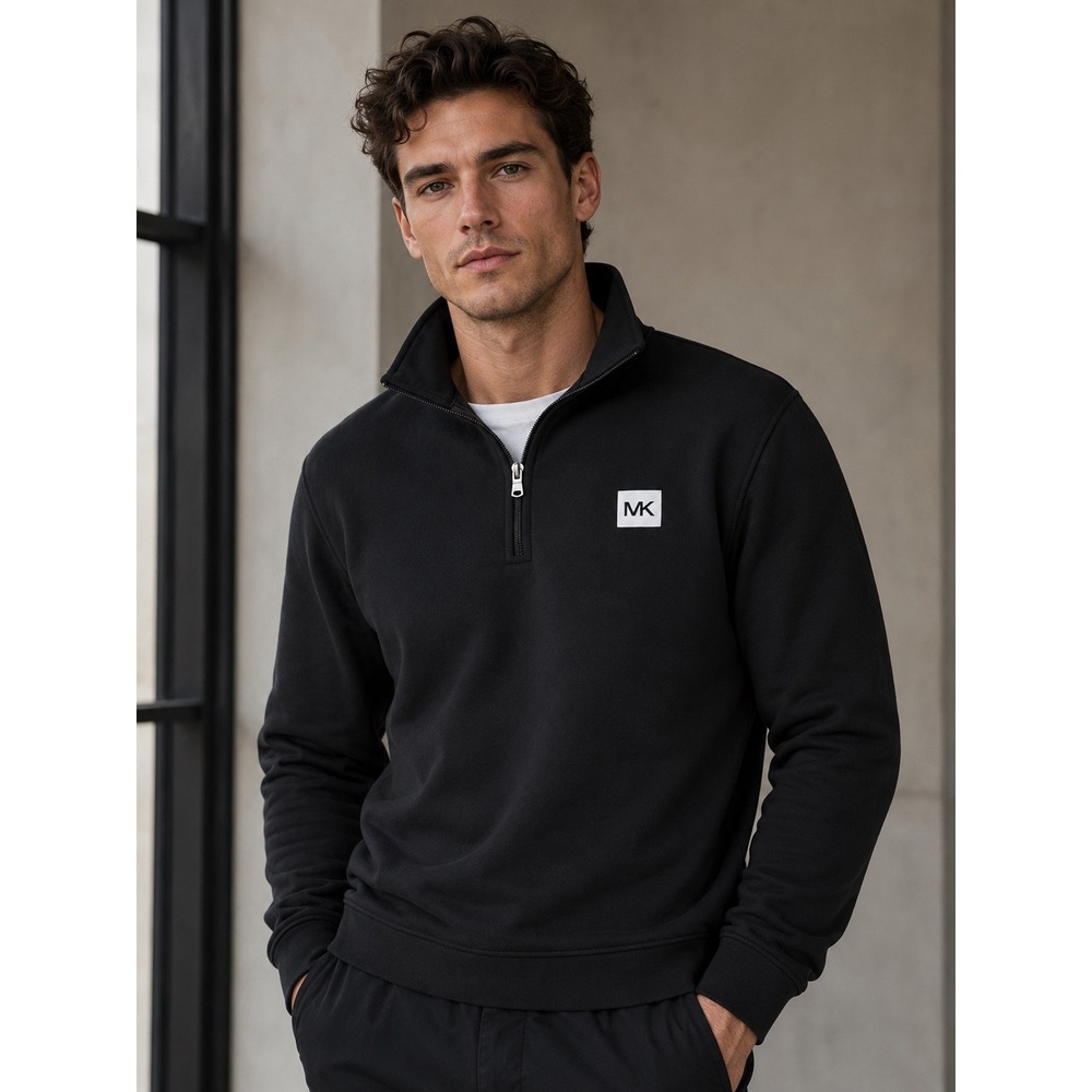 Michael Kors Mens Quarter Zip Pullover Sweatshirt Black MK Logo Patch Large